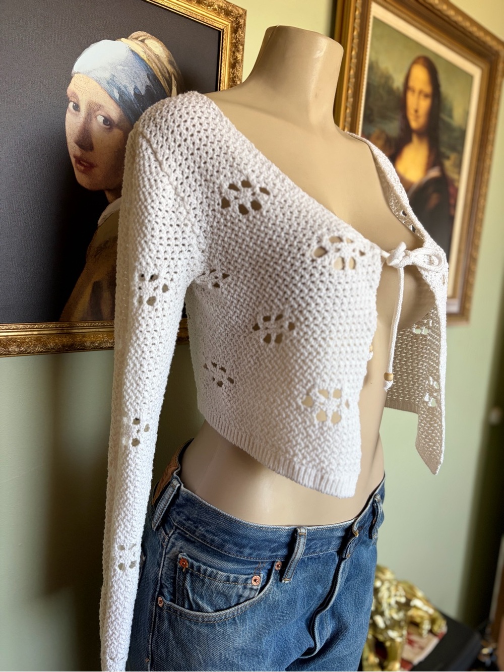 Open Crochet White Tie-Front Hippie Beachy Cardigan Boho Sweater Top Size M - Picture 5 of 16